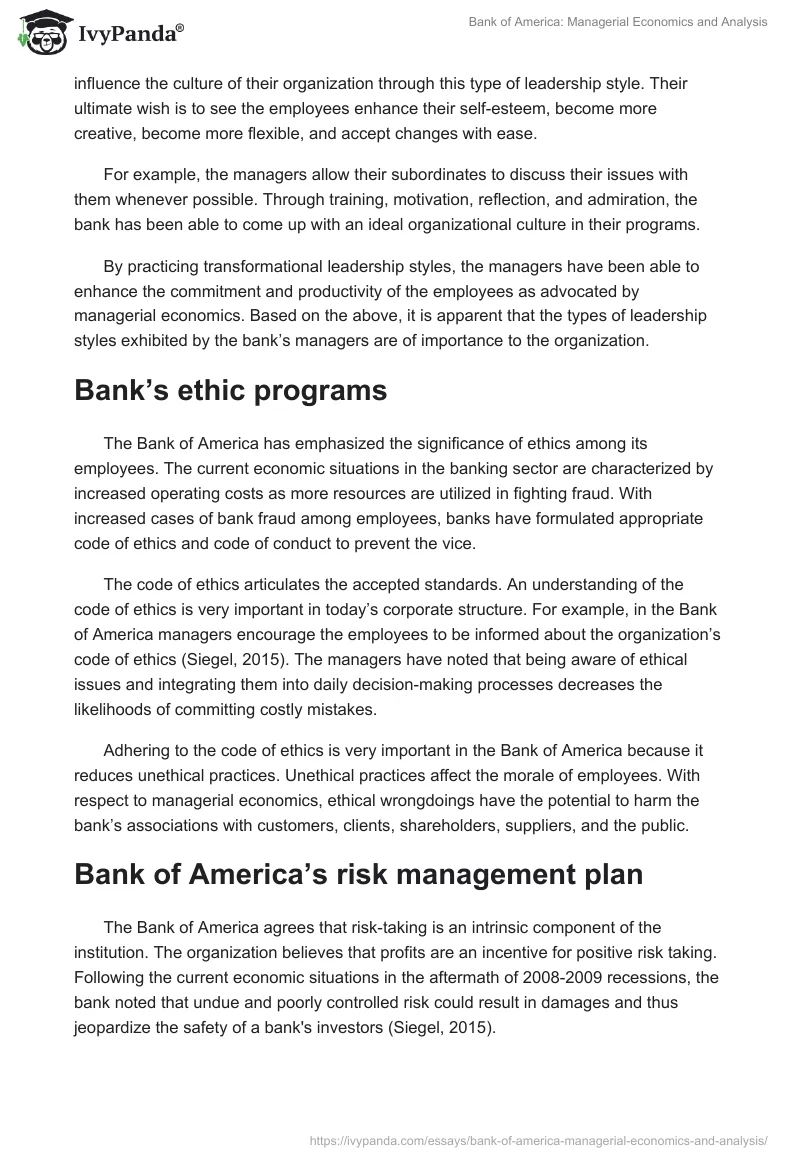 Bank of America: Managerial Economics and Analysis. Page 5