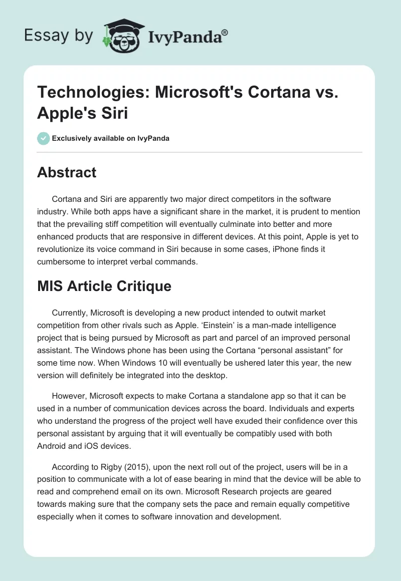 Technologies: Microsoft's Cortana vs. Apple's Siri. Page 1