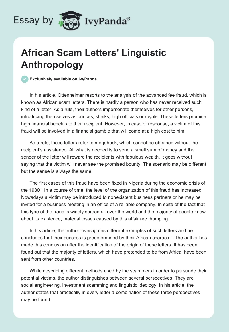 African Scam Letters' Linguistic Anthropology. Page 1