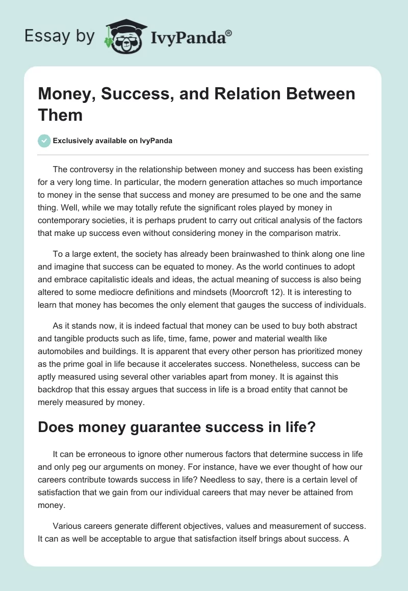 Money, Success, and Relation Between Them. Page 1