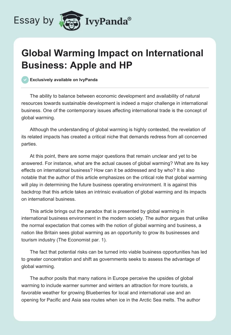 Global Warming Impact on International Business: Apple and HP. Page 1