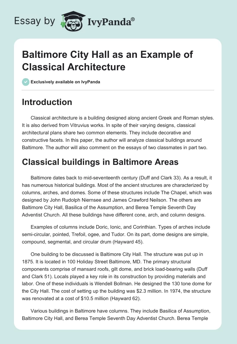Baltimore City Hall as an Example of Classical Architecture. Page 1