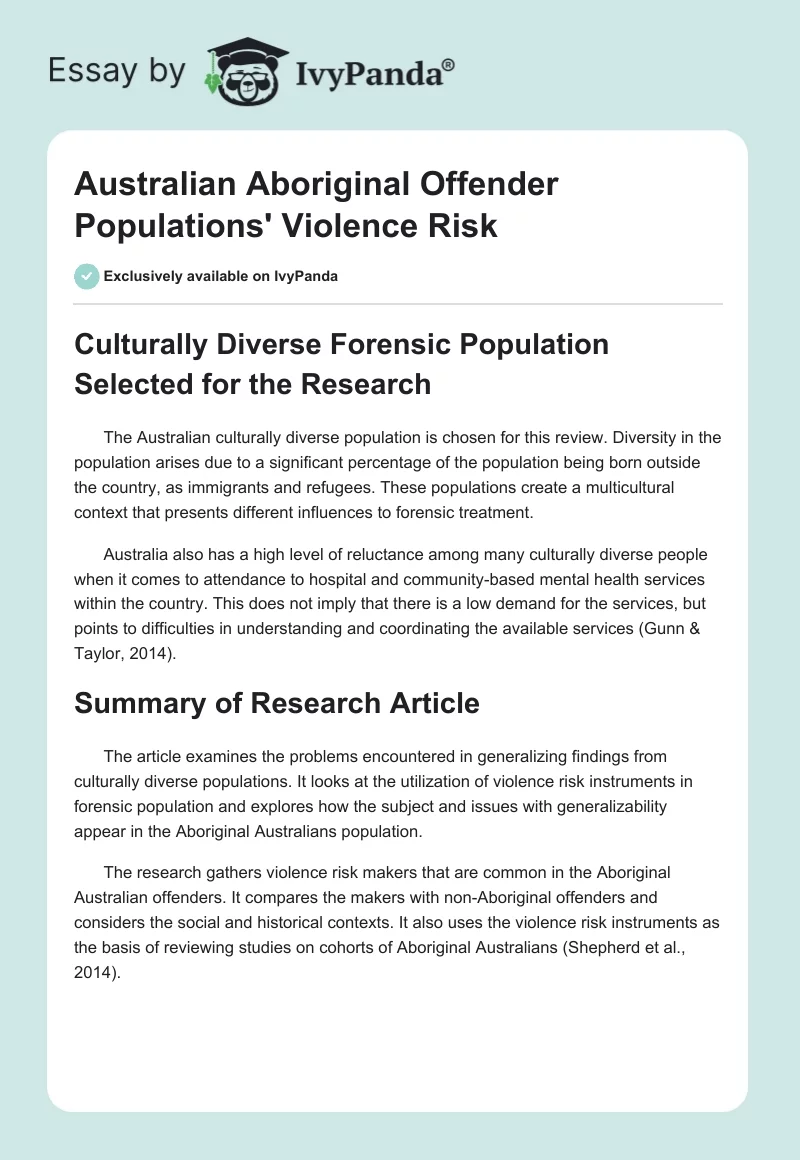 Australian Aboriginal Offender Populations' Violence Risk. Page 1