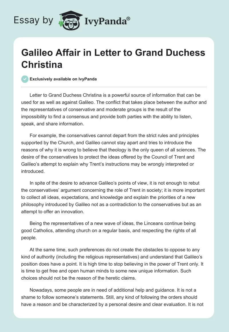 Galileo Affair in Letter to Grand Duchess Christina. Page 1