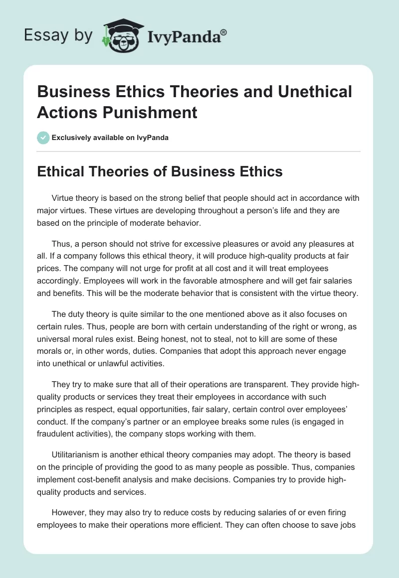Business Ethics Theories and Unethical Actions Punishment. Page 1