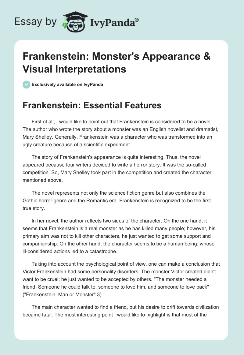 Frankenstein: Monster's Appearance & Visual Interpretations. Page 1