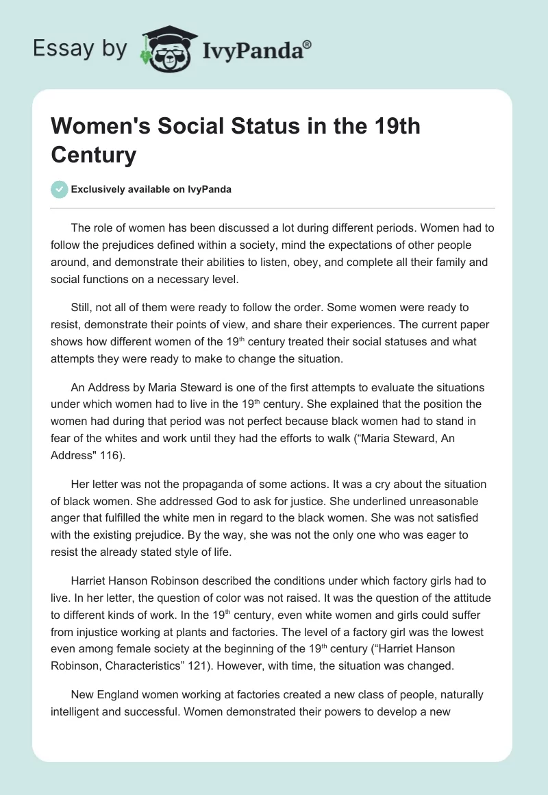 Women's Social Status in the 19th Century. Page 1