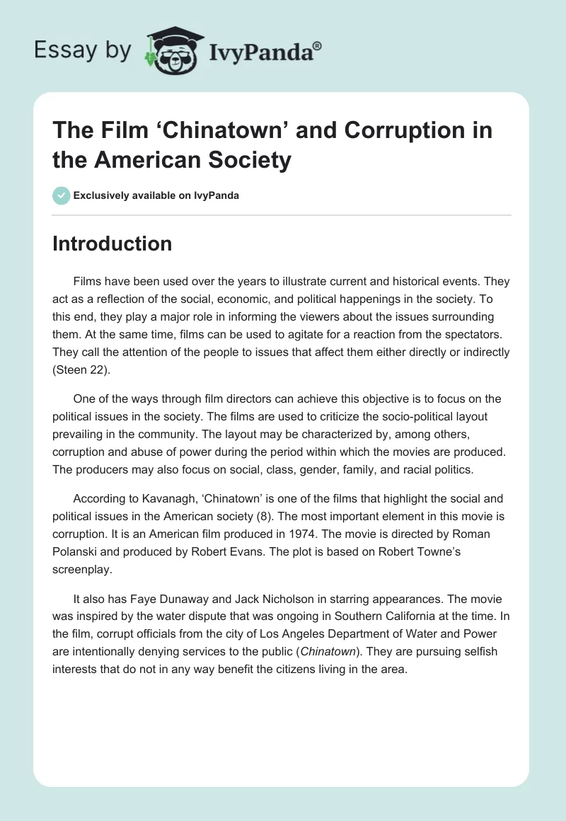 The Film ‘Chinatown’ and Corruption in the American Society. Page 1