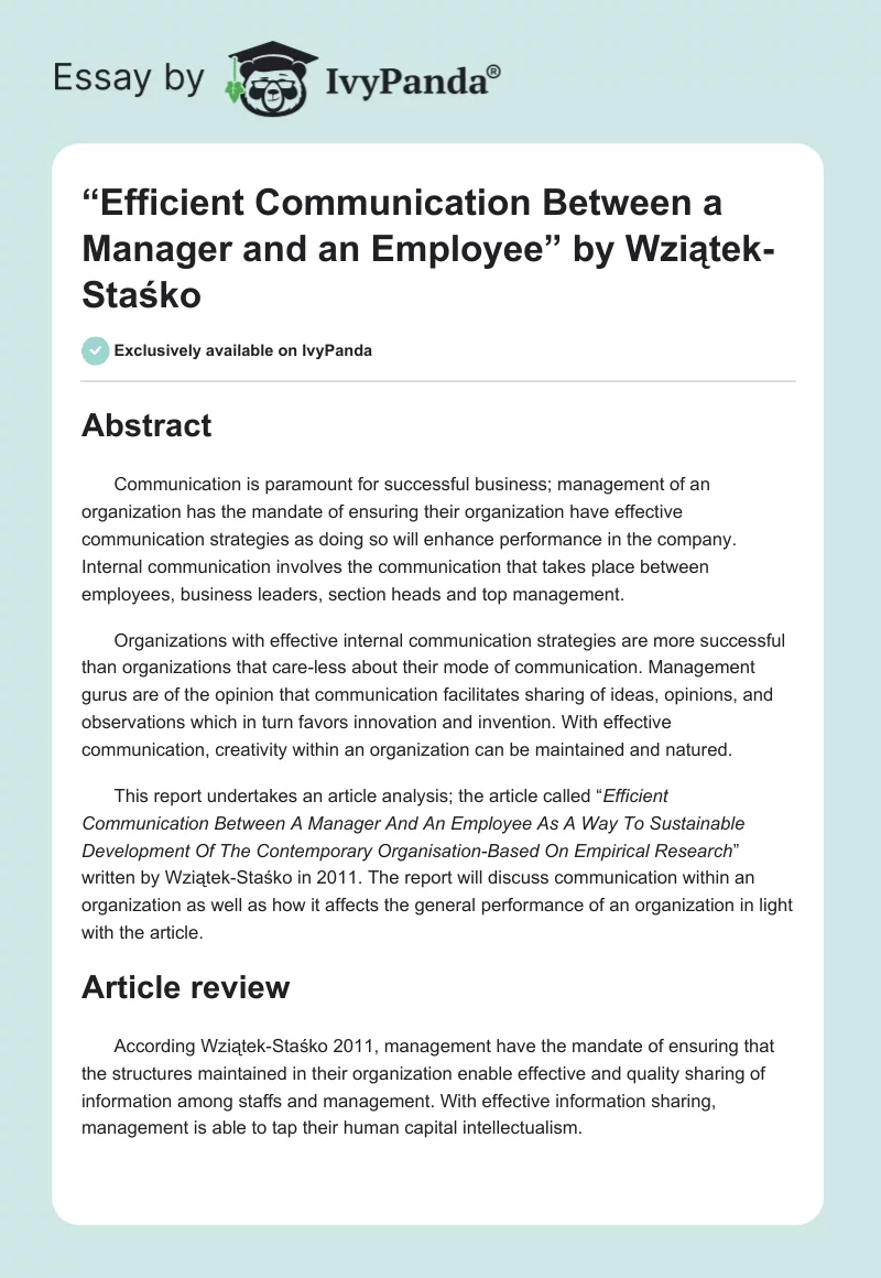 “Efficient Communication Between a Manager and an Employee” by Wziątek-Staśko. Page 1