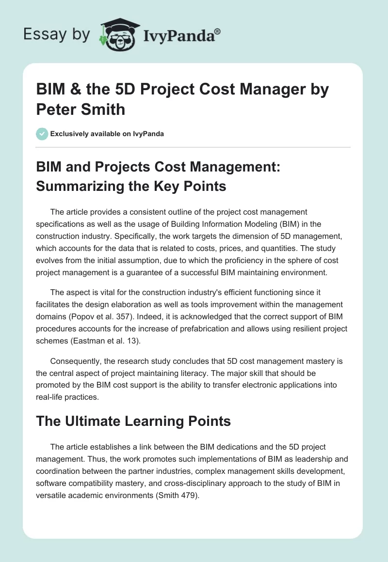 "BIM & the 5D Project Cost Manager" by Peter Smith. Page 1