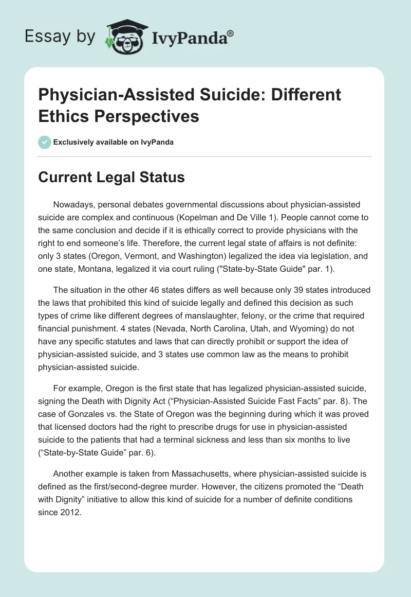 Physician-Assisted Suicide: Different Ethics Perspectives. Page 1