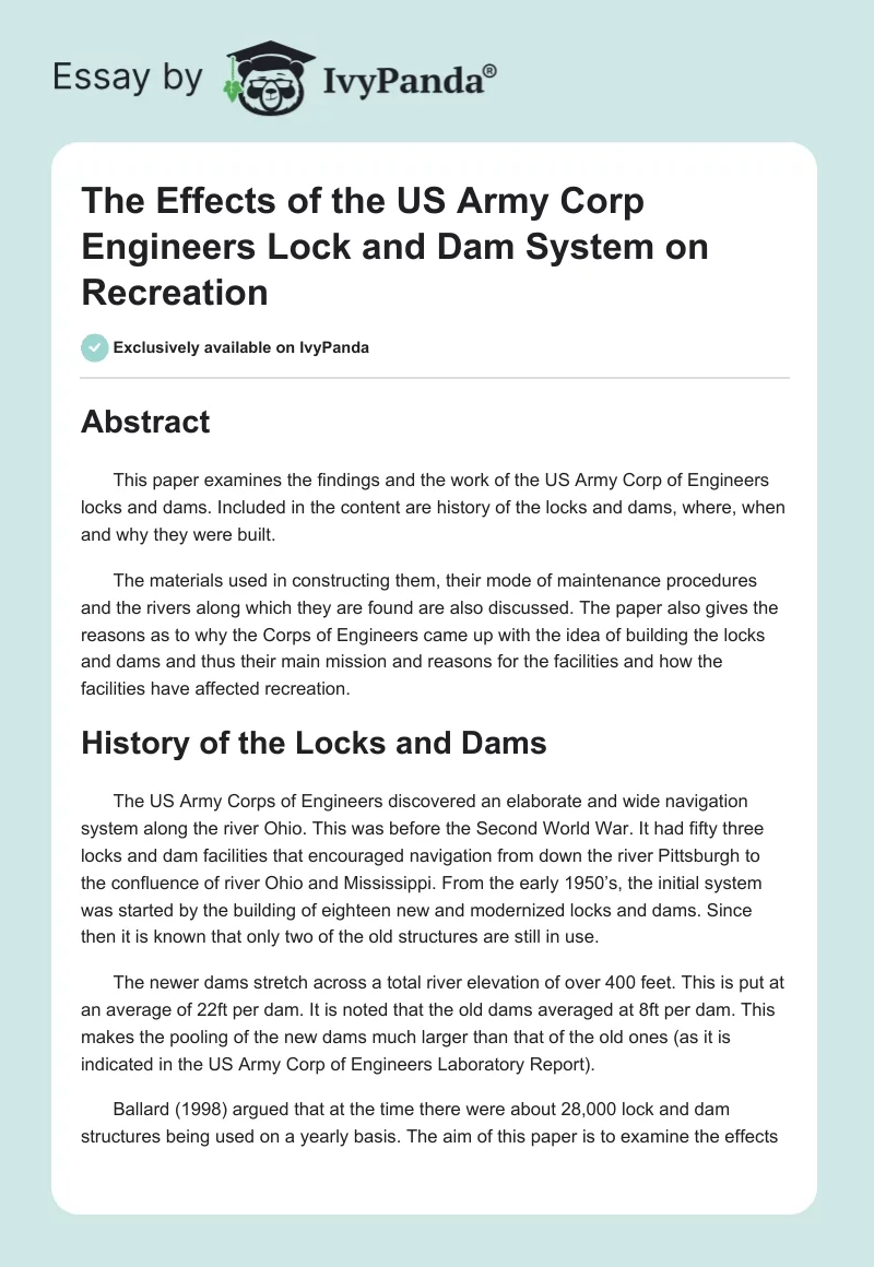 The Effects of the US Army Corp Engineers Lock and Dam System on Recreation. Page 1