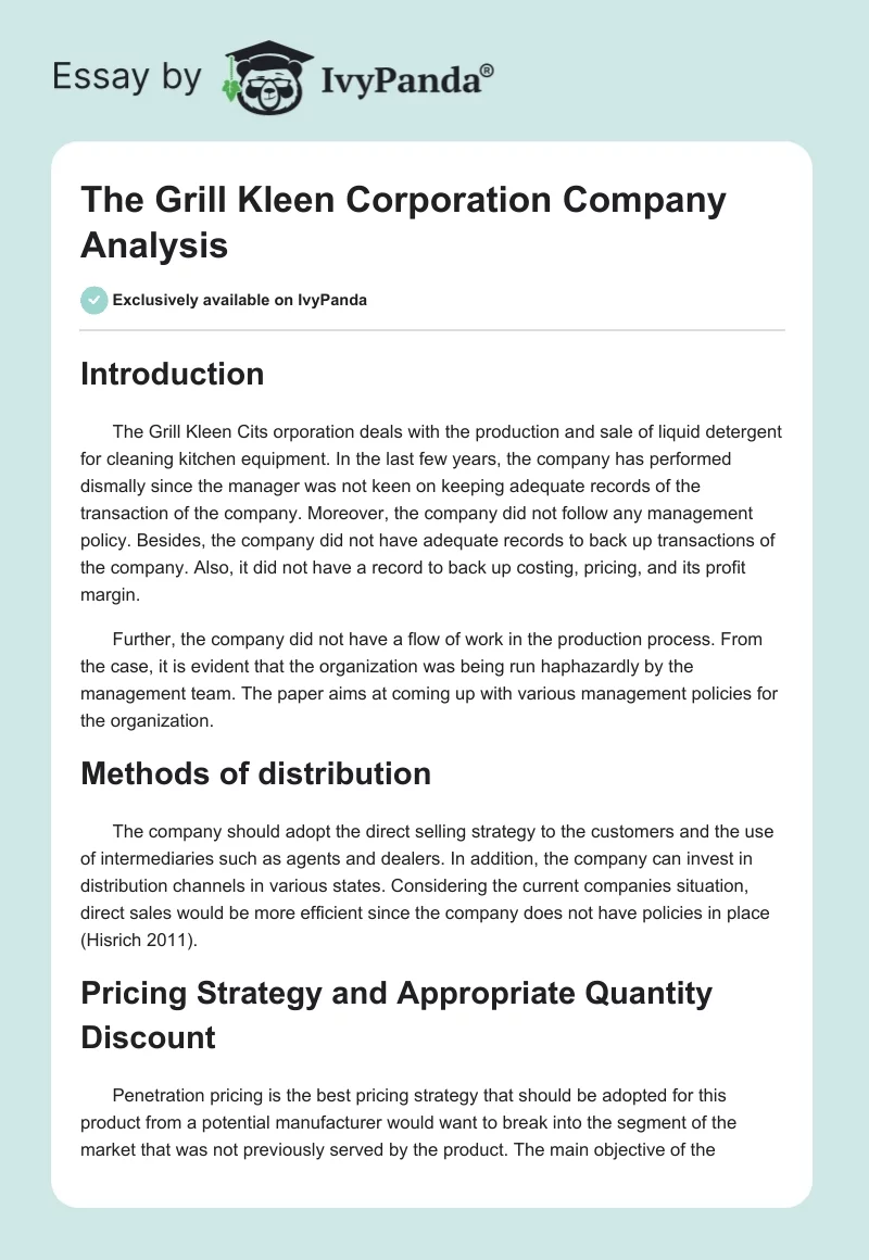 The Grill Kleen Corporation Company Analysis. Page 1