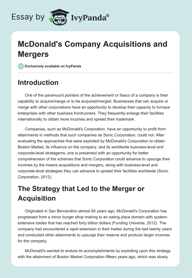 McDonald's Company Acquisitions and Mergers. Page 1