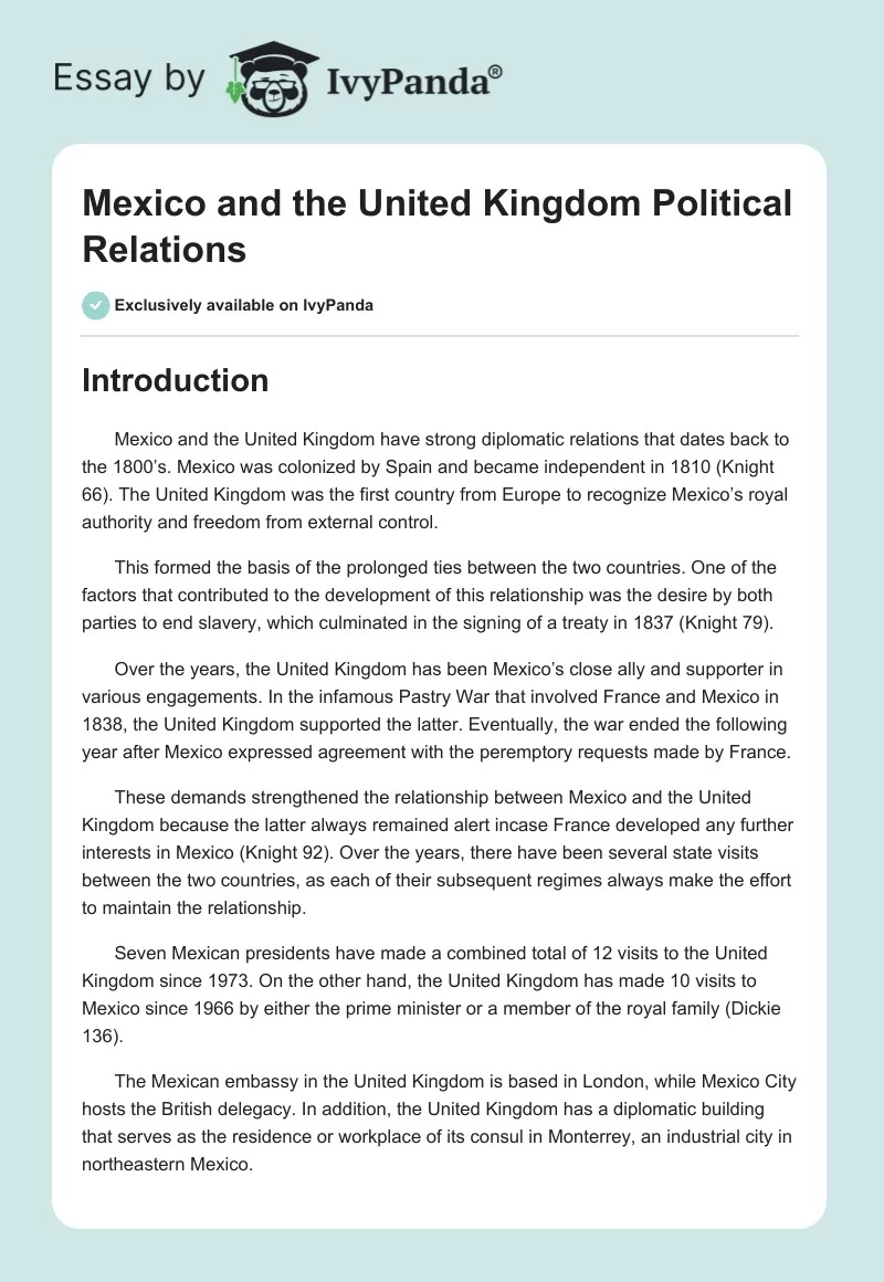 Mexico and the United Kingdom Political Relations. Page 1