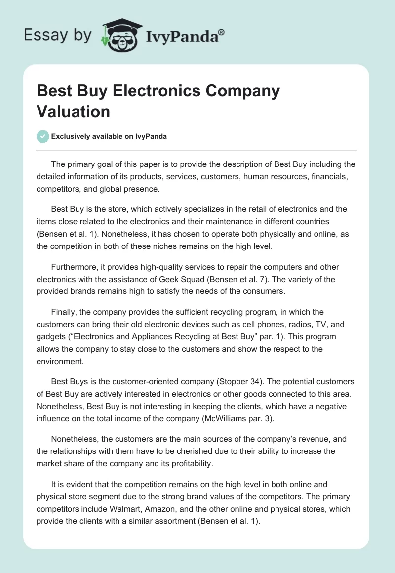 Best Buy Electronics Company Valuation. Page 1