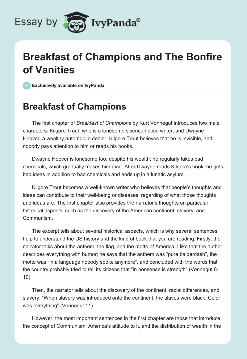 "Breakfast of Champions" and "The Bonfire of Vanities". Page 1