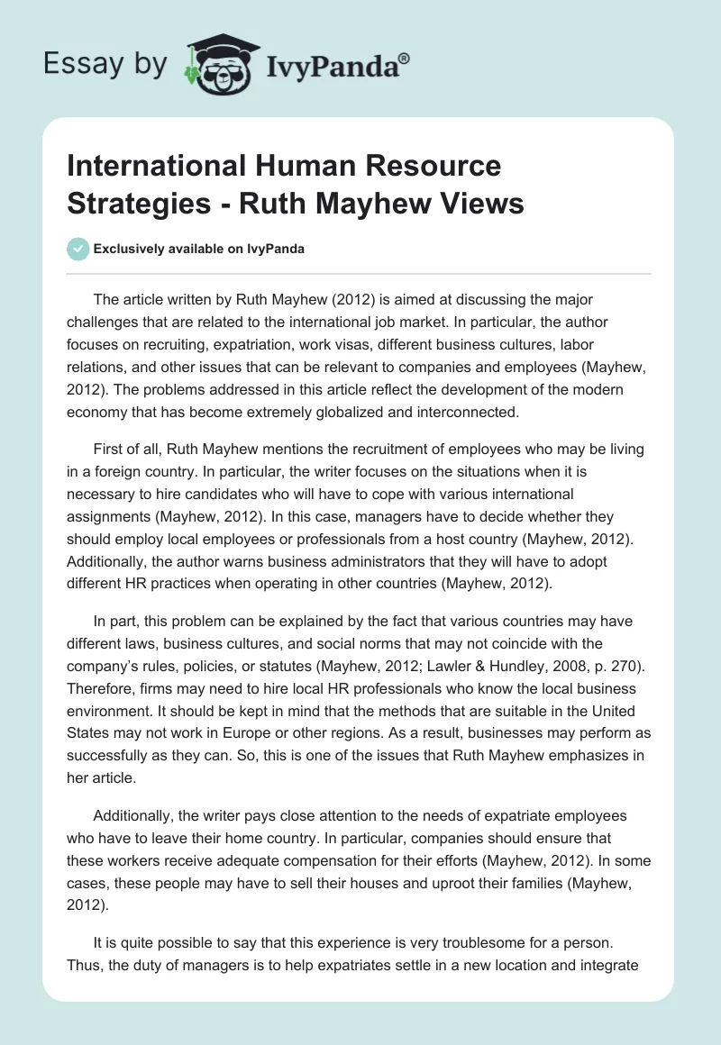 International Human Resource Strategies - Ruth Mayhew Views. Page 1