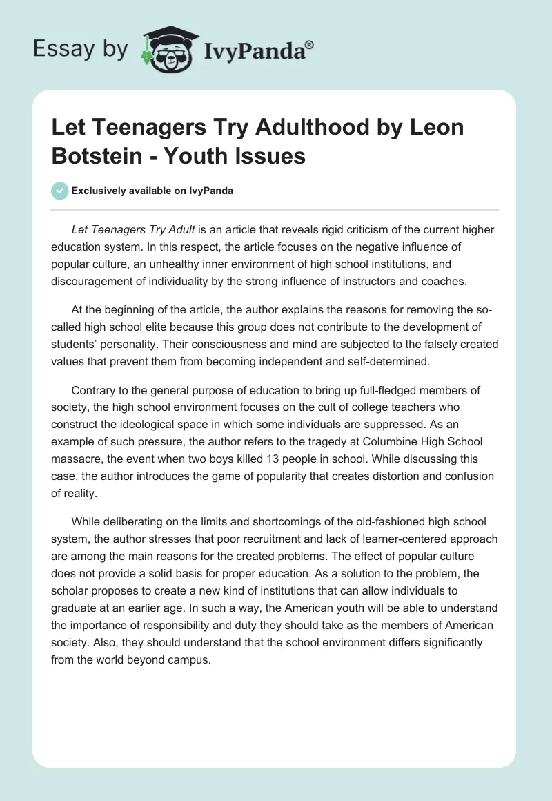 "Let Teenagers Try Adulthood" by Leon Botstein - Youth Issues. Page 1