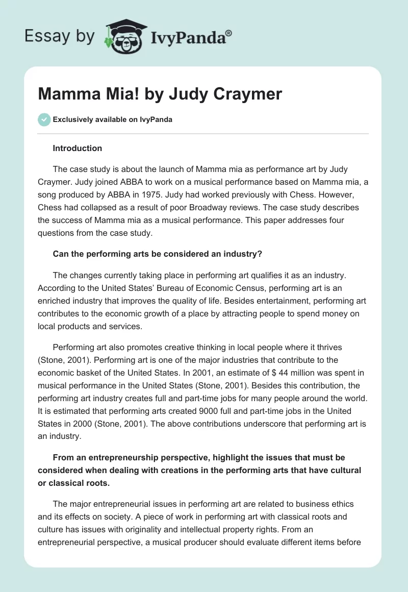 "Mamma Mia!" by Judy Craymer. Page 1