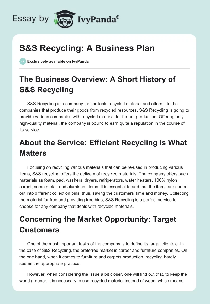 S&S Recycling: A Business Plan. Page 1