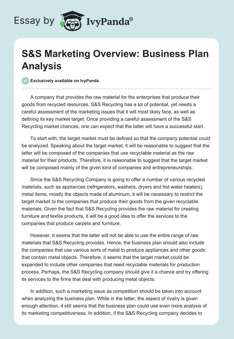 S&S Marketing Overview: Business Plan Analysis. Page 1