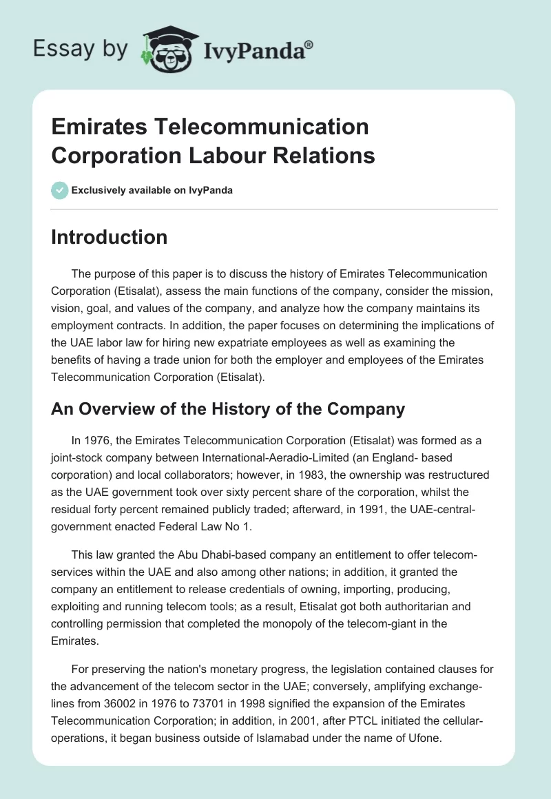 Emirates Telecommunication Corporation Labour Relations. Page 1