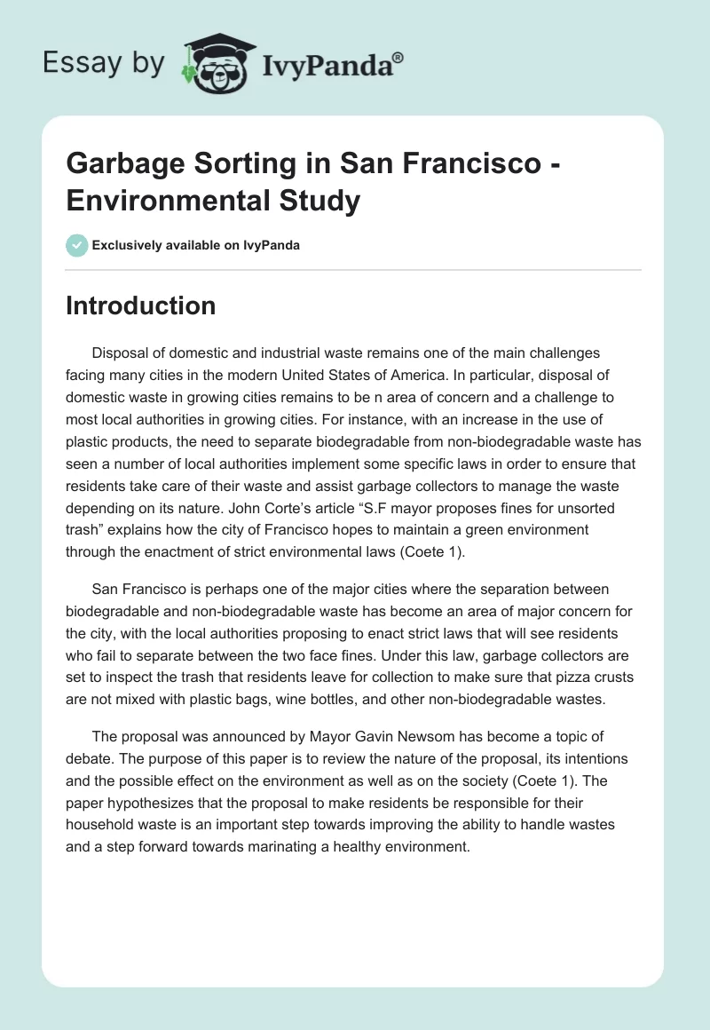 Garbage Sorting in San Francisco - Environmental Study. Page 1