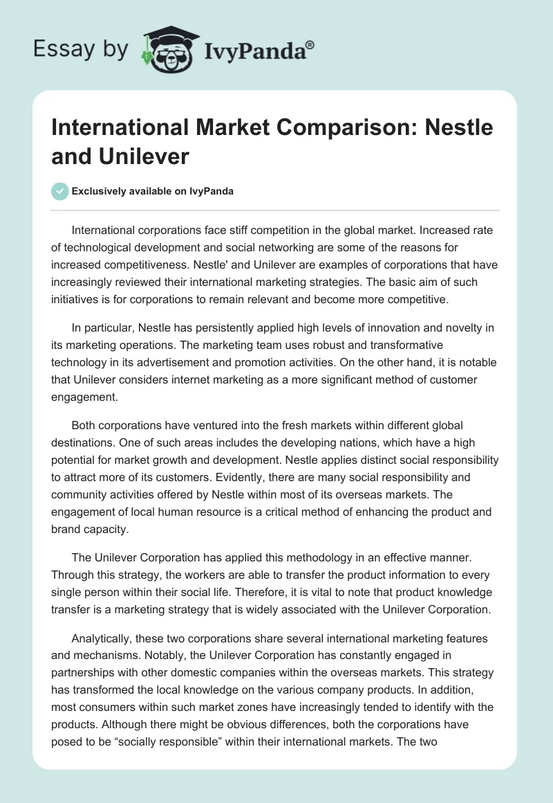 International Market Comparison: Nestle and Unilever. Page 1