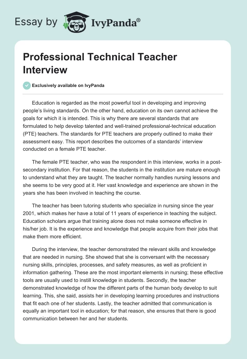 Professional Technical Teacher Interview. Page 1