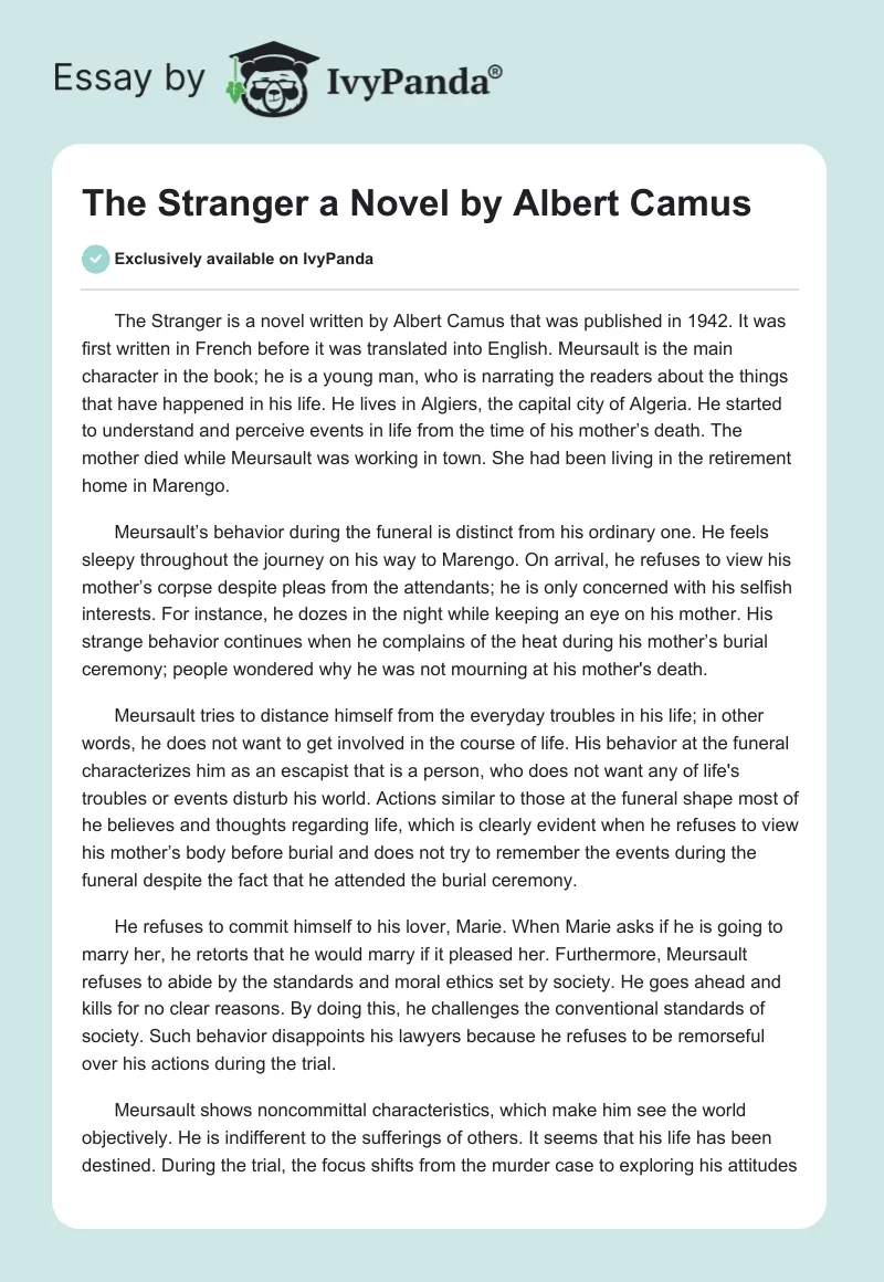 "The Stranger" a Novel by Albert Camus. Page 1