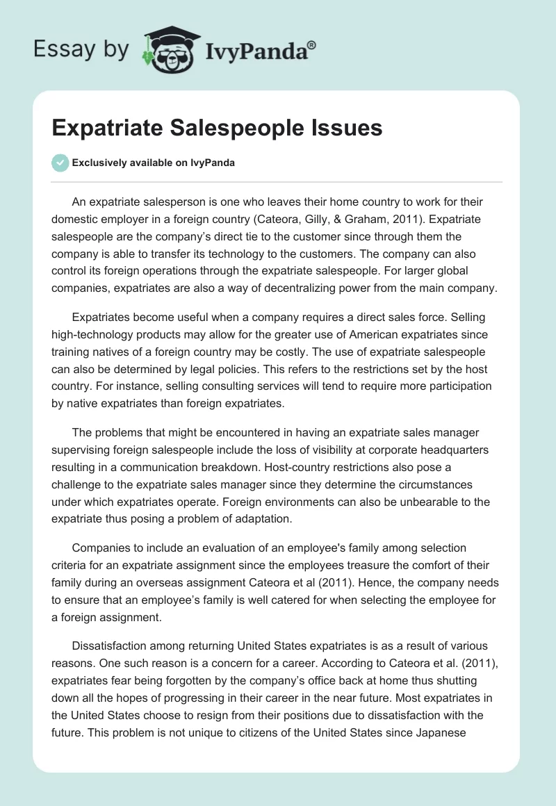 Expatriate Salespeople Issues. Page 1