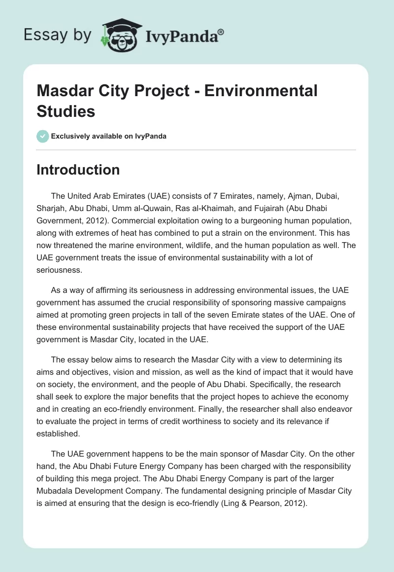 Masdar City Project - Environmental Studies. Page 1