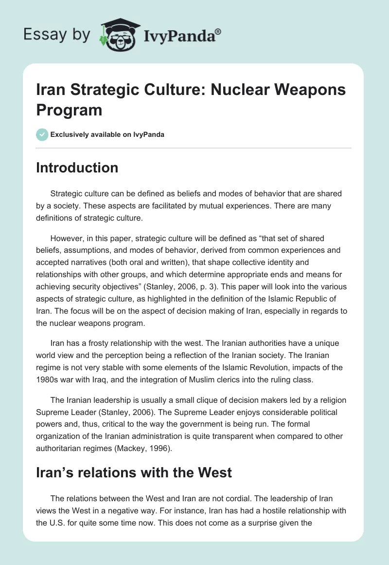 Iran Strategic Culture: Nuclear Weapons Program. Page 1