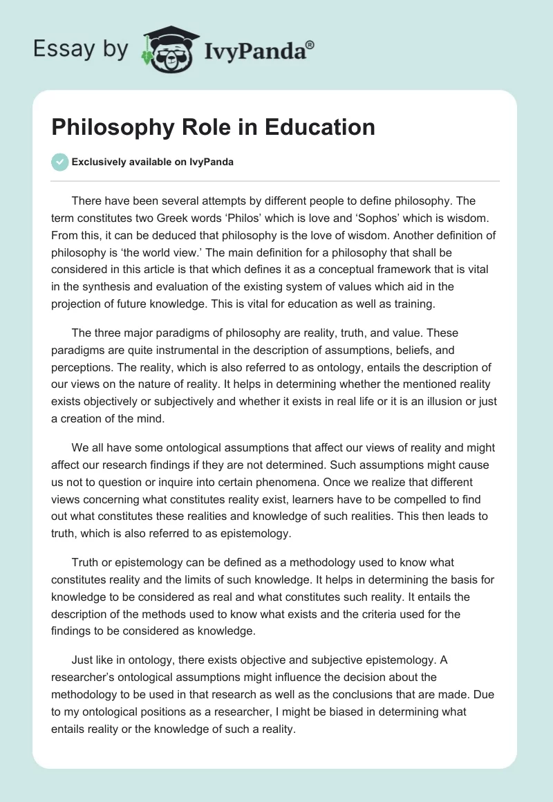 Philosophy Role in Education. Page 1