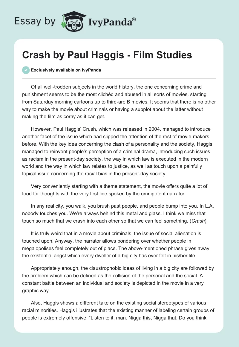 "Crash" by Paul Haggis - Film Studies. Page 1