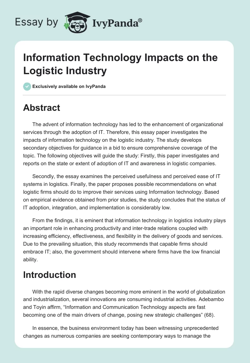 Information Technology Impacts on the Logistic Industry - 5088 Words ...