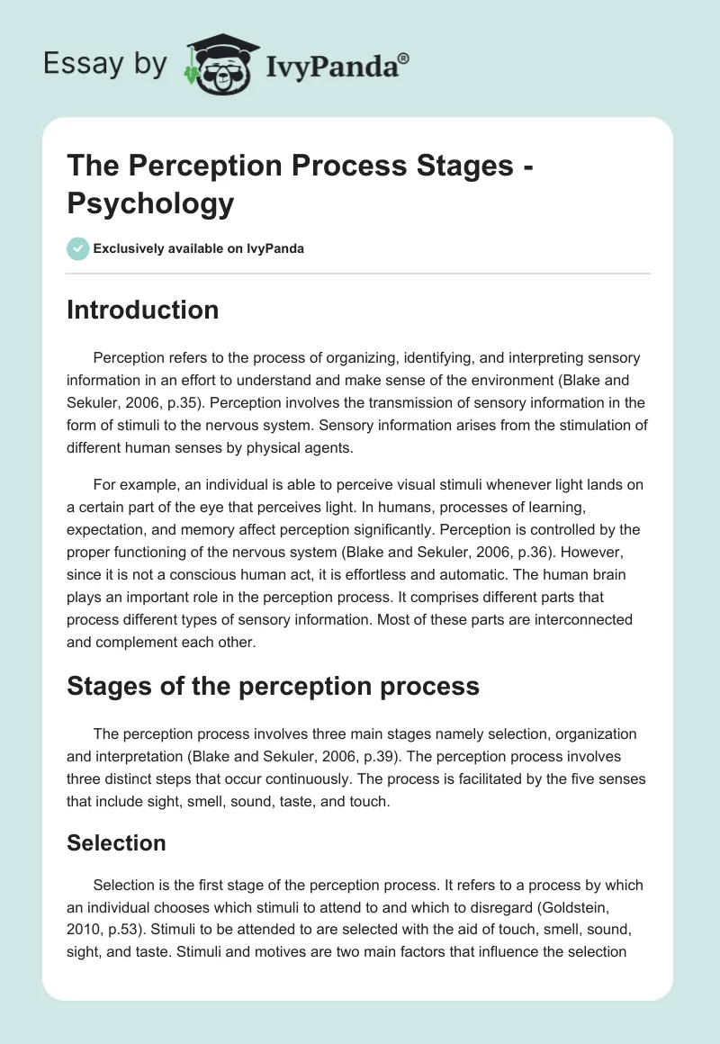 The Perception Process Stages - Psychology. Page 1