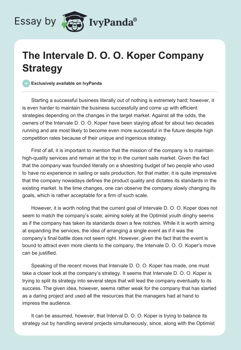 The Intervale D. O. O. Koper Company Strategy. Page 1