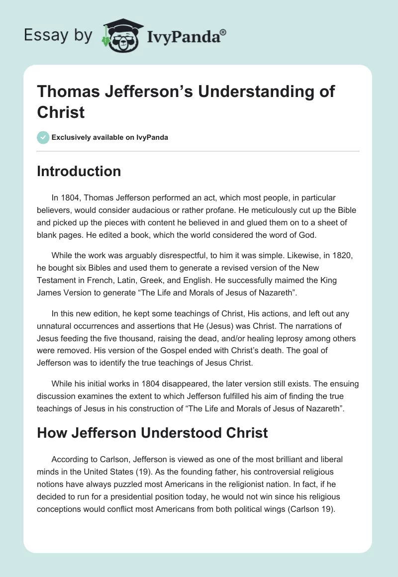 Thomas Jefferson’s Understanding of Christ. Page 1