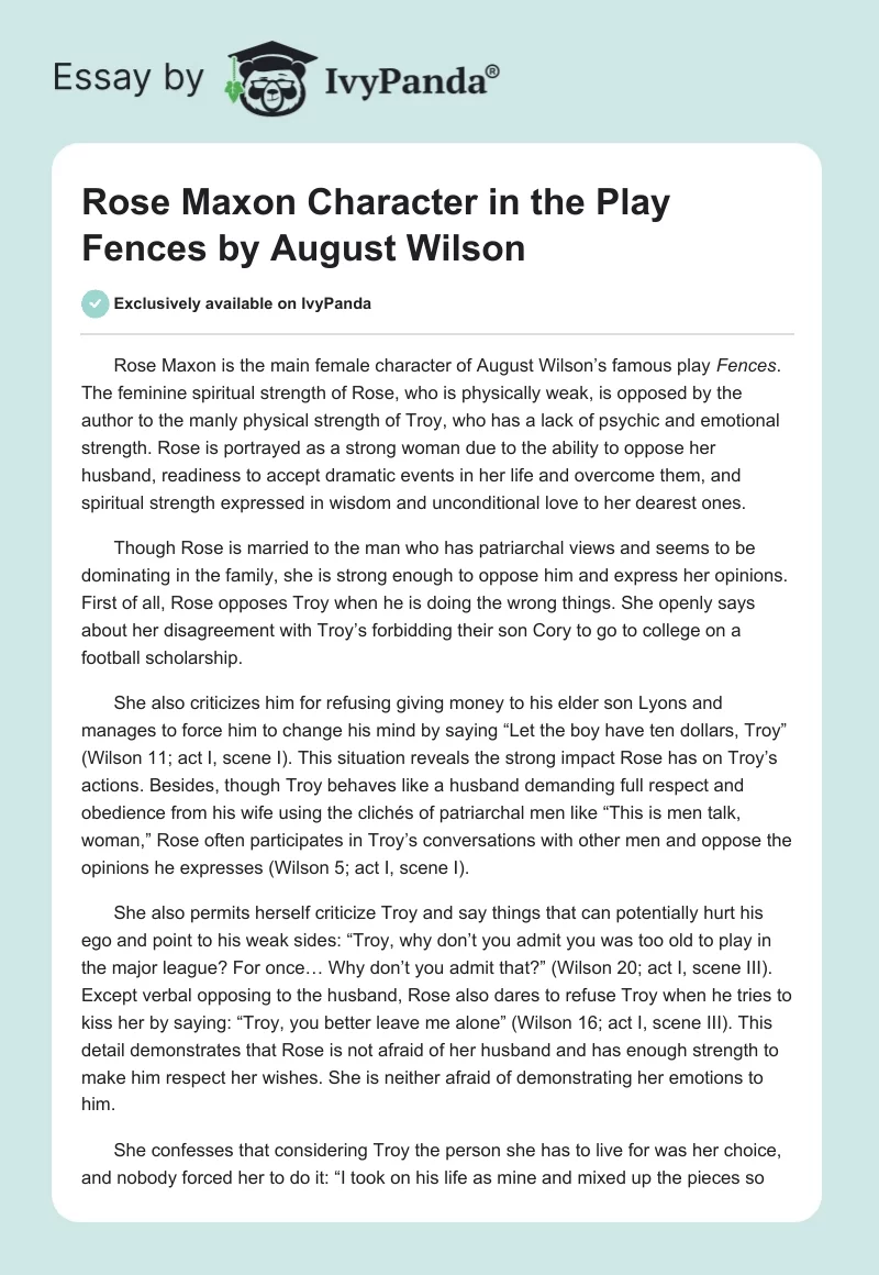 Rose Maxon Character in the Play "Fences" by August Wilson. Page 1