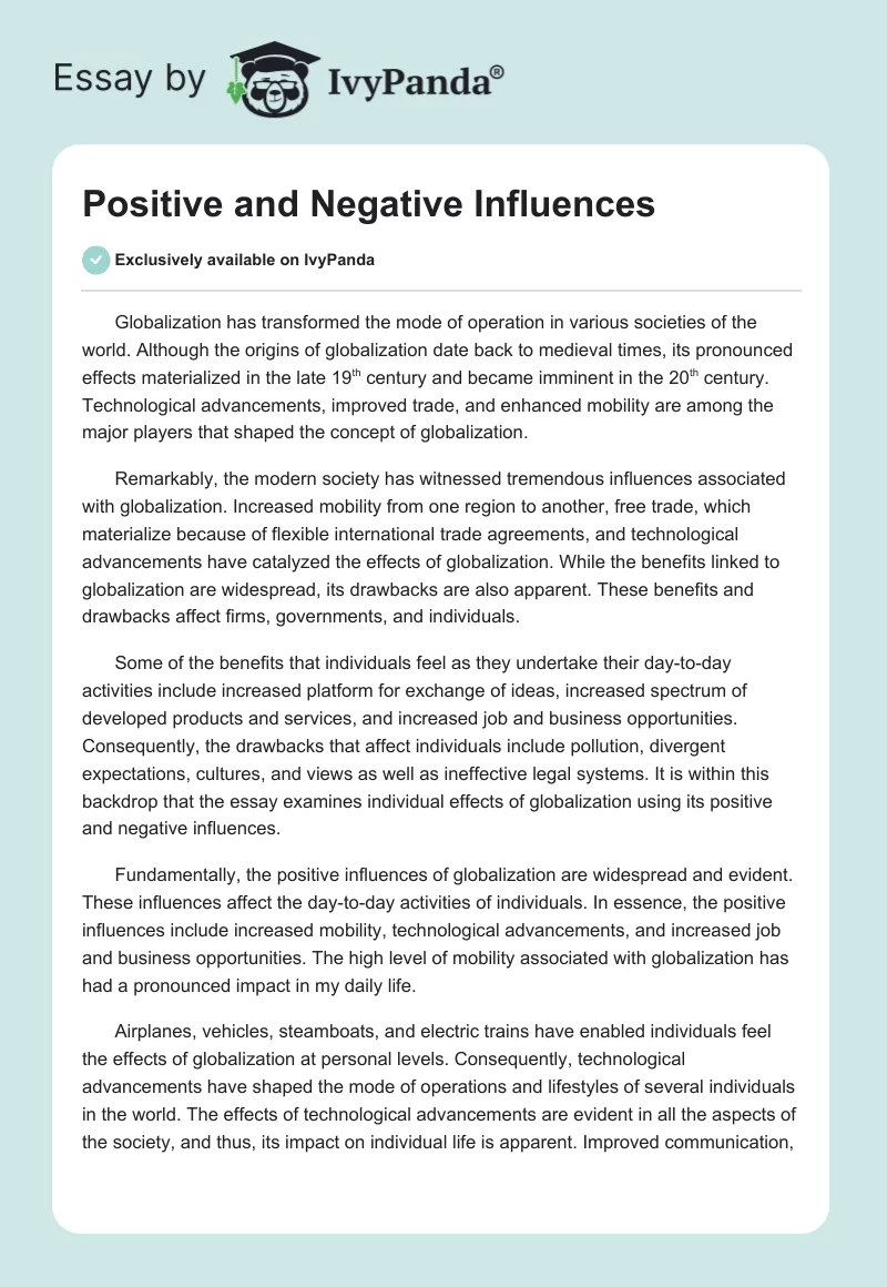 Positive and Negative Influences. Page 1