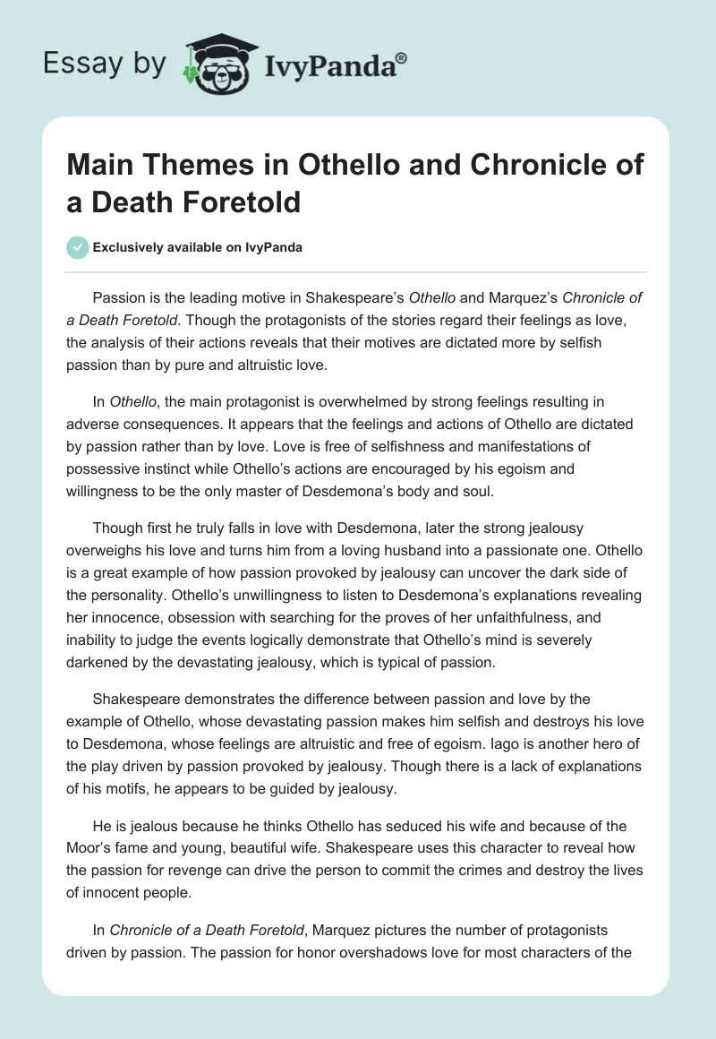 Main Themes in "Othello" and "Chronicle of a Death Foretold". Page 1