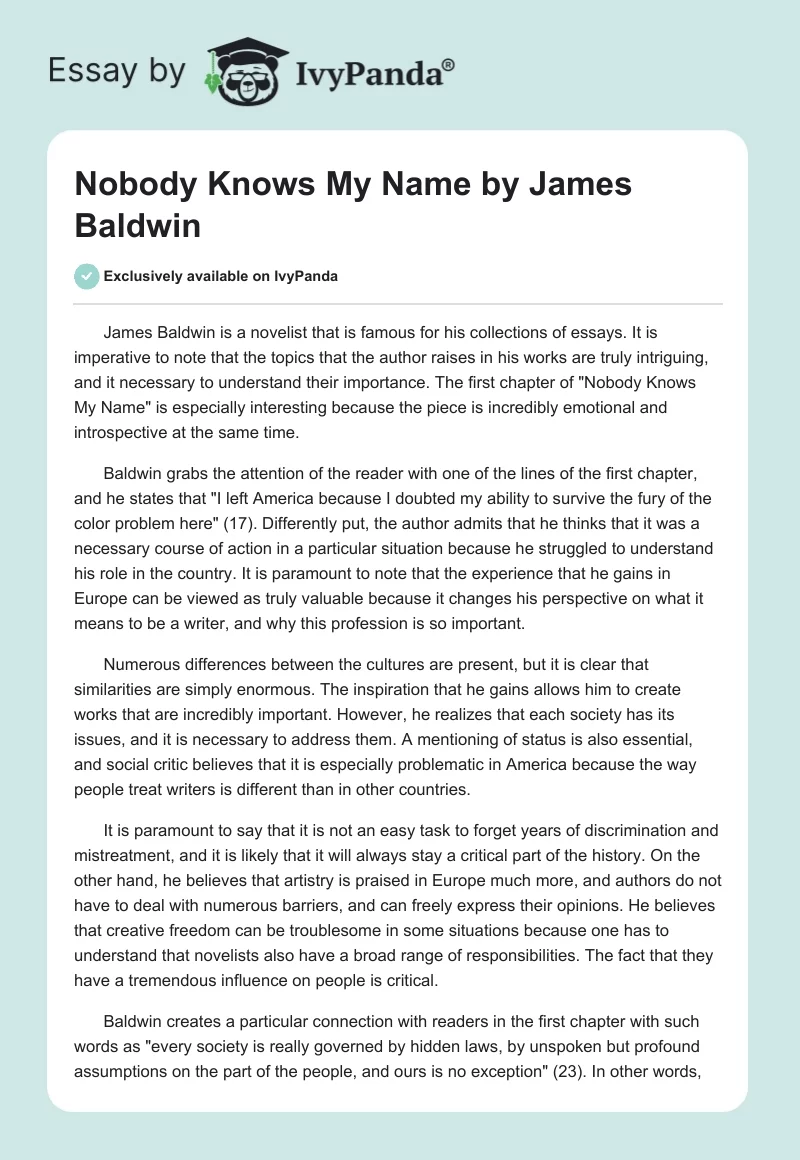 "Nobody Knows My Name" by James Baldwin. Page 1