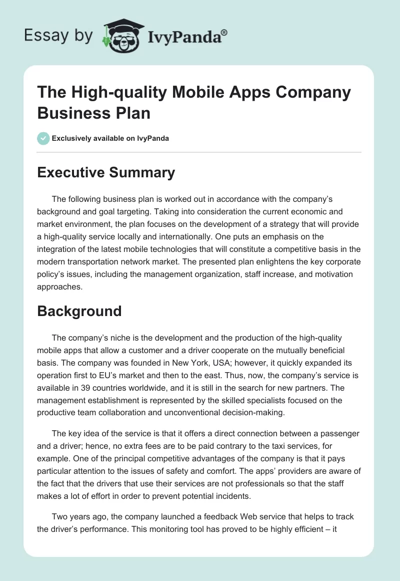 The High-quality Mobile Apps Company Business Plan. Page 1