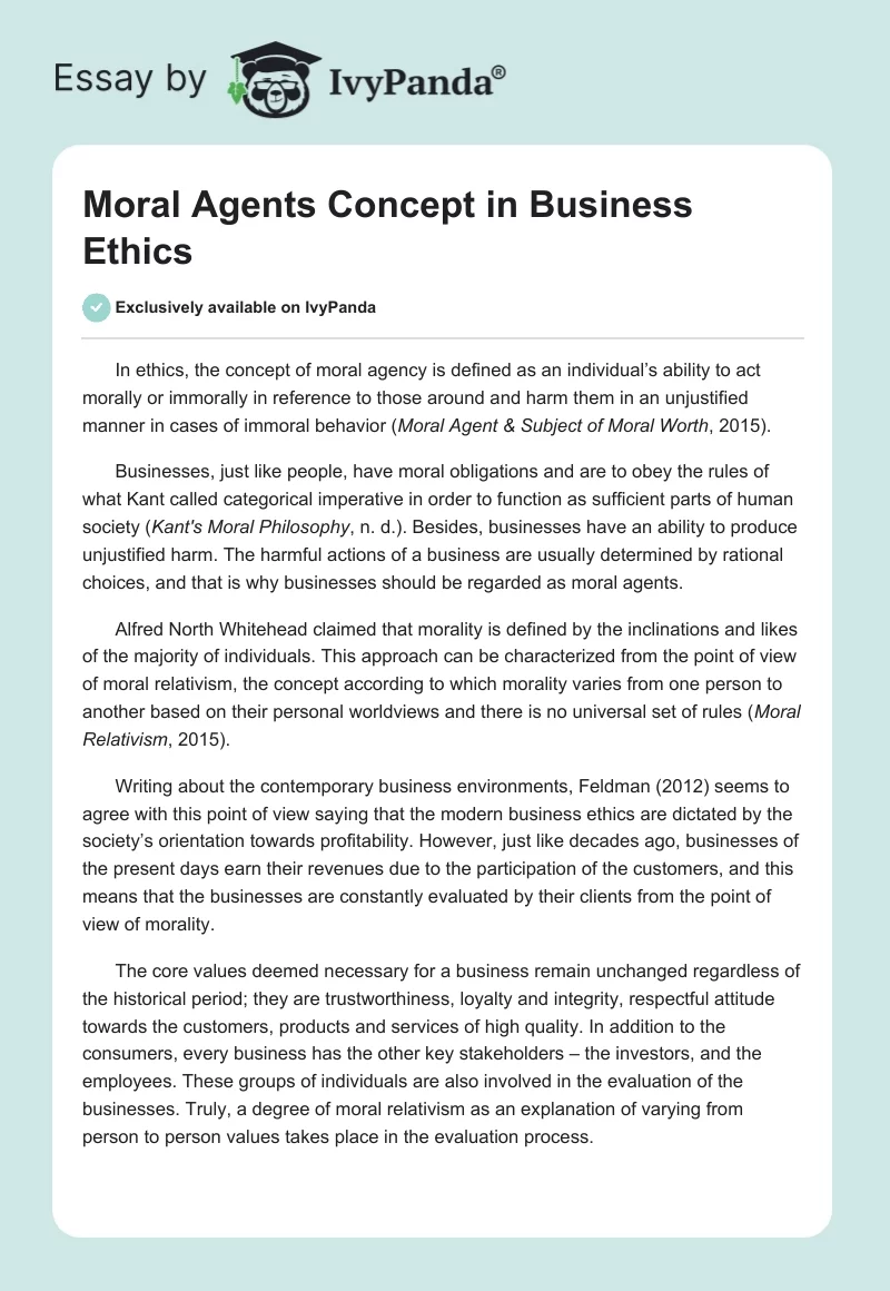 Moral Agents Concept in Business Ethics. Page 1