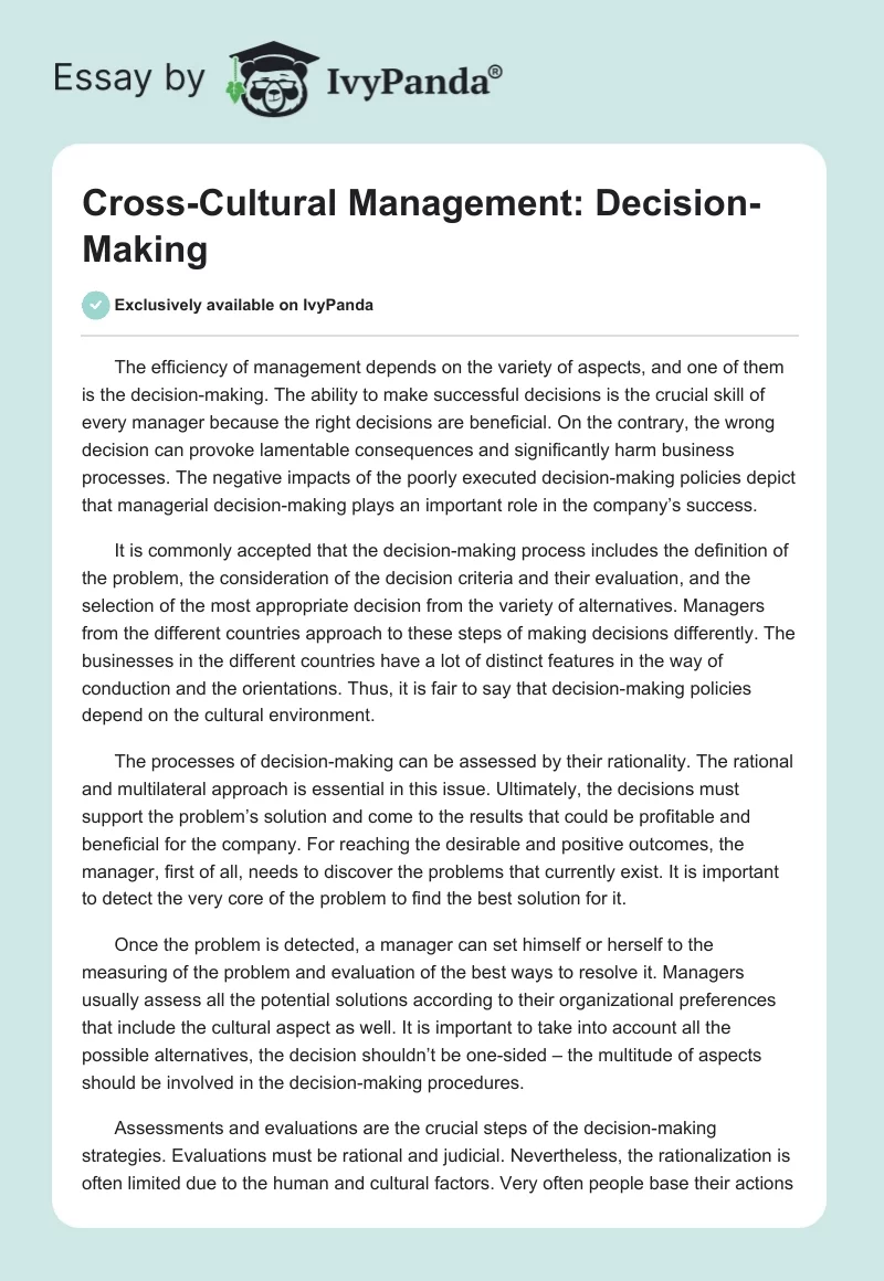 Cross-Cultural Management: Decision-Making. Page 1