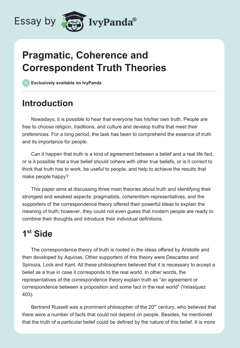 Pragmatic, Coherence and Correspondent Truth Theories. Page 1