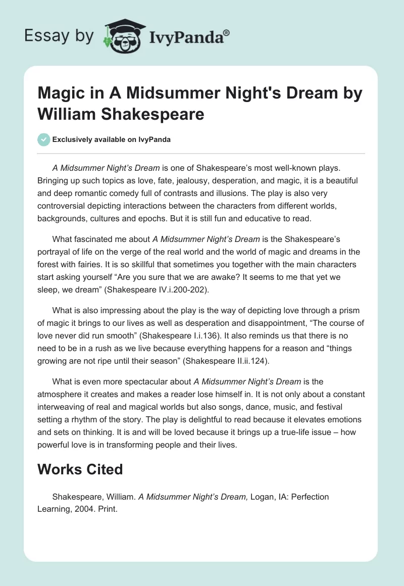 Magic in "A Midsummer Night's Dream" by William Shakespeare. Page 1