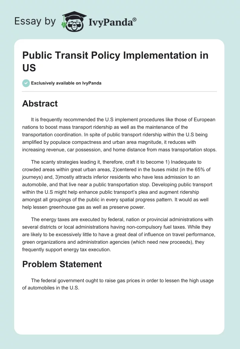 Public Transit Policy Implementation in US. Page 1